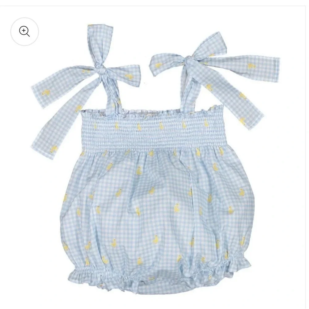 Sal & pimenta blue checkered duck print tie strap bubble romper 12 month smocked